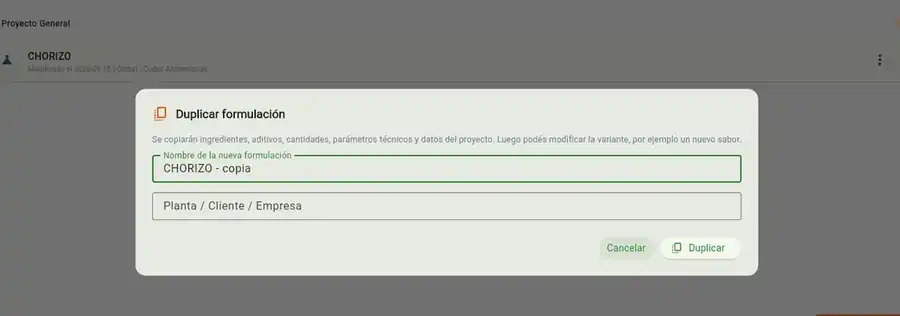 Ventana de Nutrikuaa Pro para duplicar una formulación y asignarla a otra planta, cliente o empresa